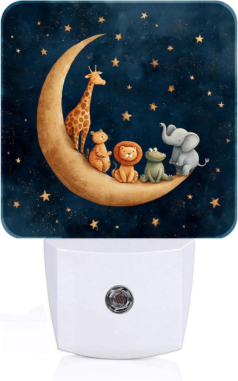 Moon and Starry Sky Night Light, Cartoon Animals Plug Into Wall with Dusk to Dawn Light Sensors, Warm Nightlights for…