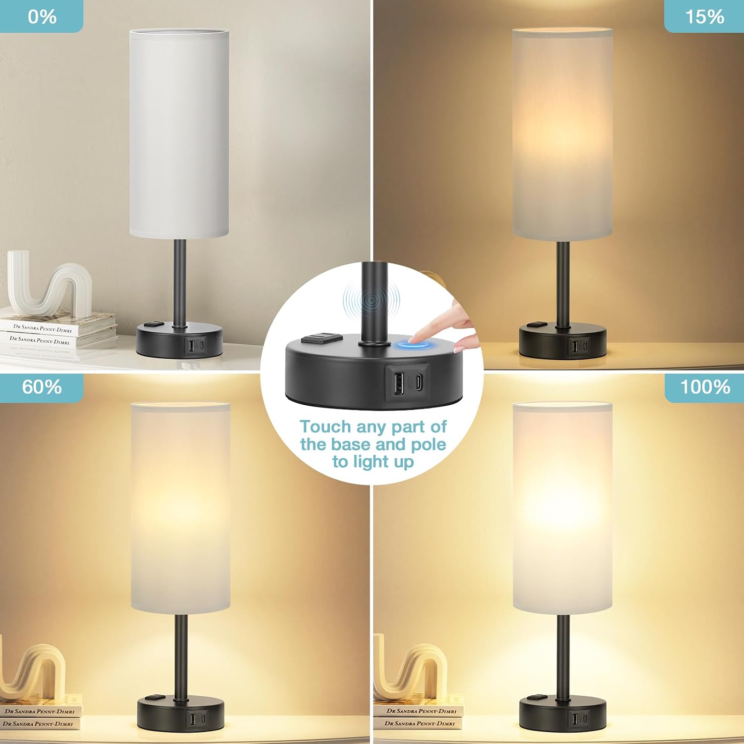 Fenmzee Grey Touch Bedside Lamp for Bedroom - 3 Way Dimmable Table Lamp USB C Charging Ports and AC Outlet, Small Desk Lamp for Living…