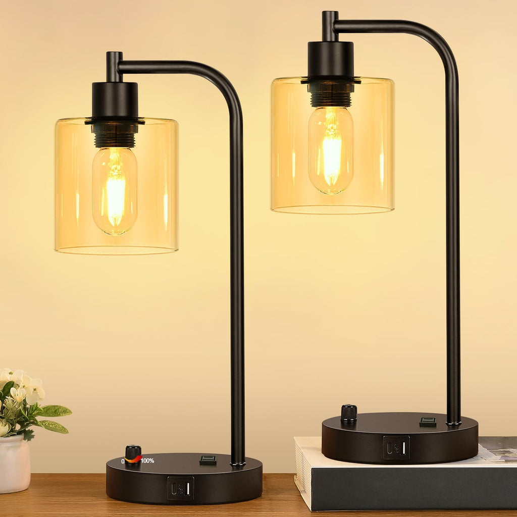 Lynnoland Set of 2 Industrial Table Lamps with USB C+A Ports and Outlet, Black Nightstand Lamps with Amber Glass Shade for Reading Living…