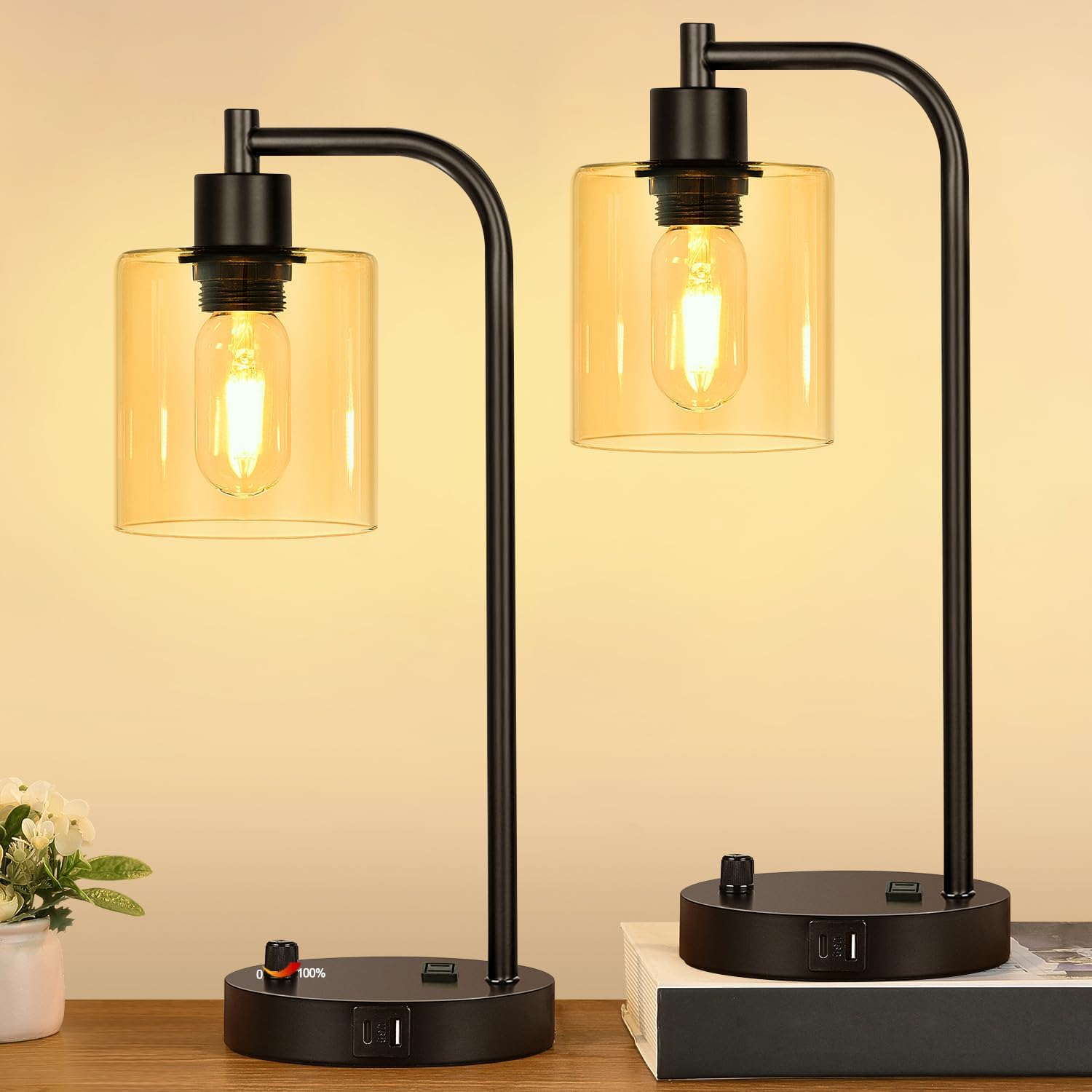 Lynnoland Set of 2 Industrial Table Lamps with USB C+A Ports and Outlet, Black Nightstand Lamps with Amber Glass Shade for Reading Living…