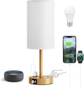 Fenmzee Gold Nightstand Bedroom Lamp - 3 Way Dimmable Bedside Lamp USB C A Charging Ports and AC Outlet, Small Table Lamp Linen Lampshade…