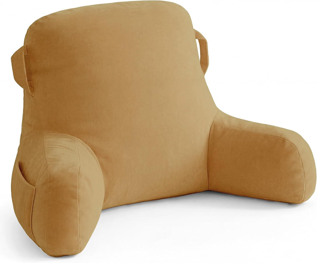Unisakey Portable Comfy Reading Pillows for Bed Sitting Up(Camel Oeko-Tex), Velvet Back Pillow with Arms & Pockets for Adults, Support…