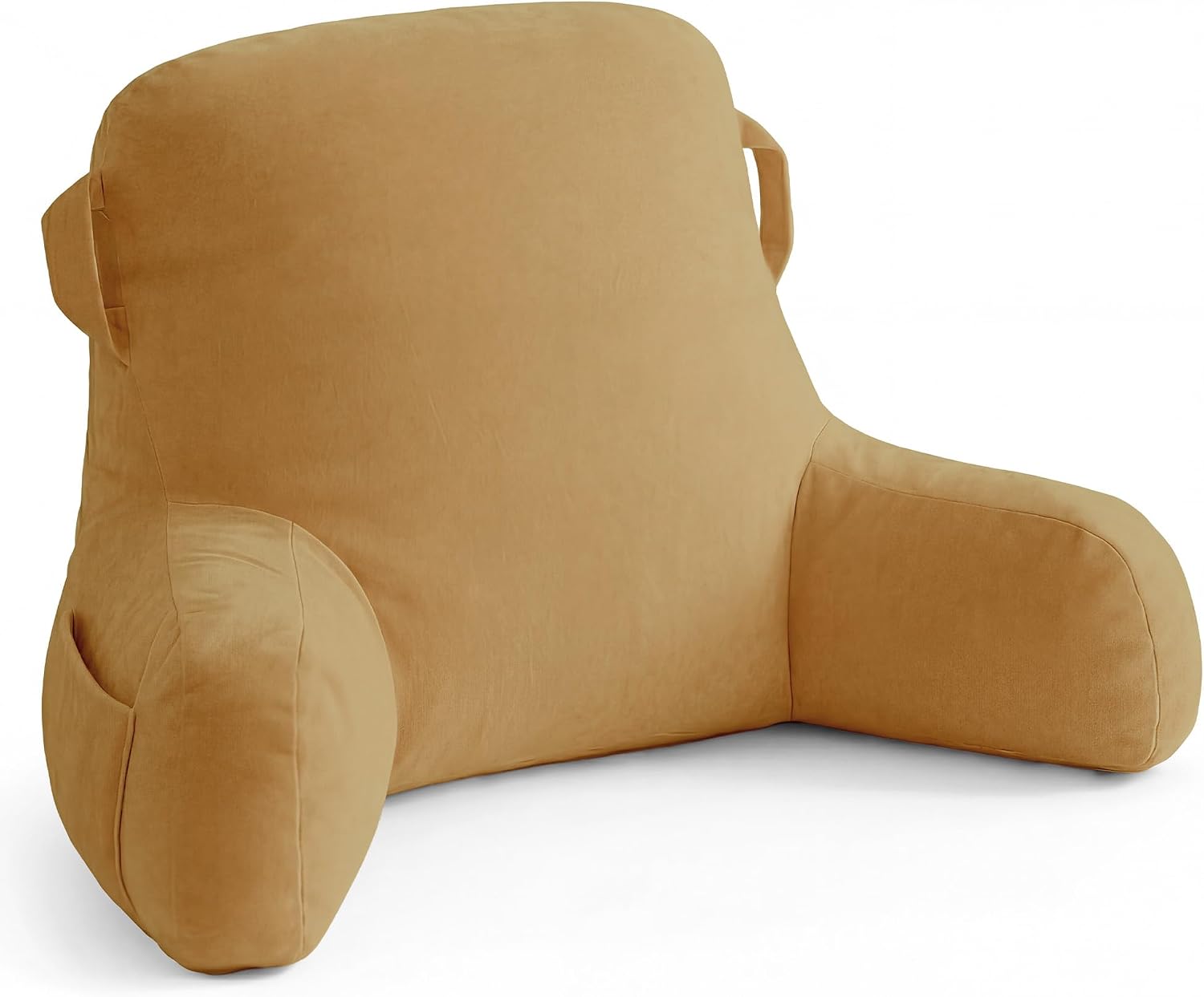 Unisakey Portable Comfy Reading Pillows for Bed Sitting Up(Camel Oeko-Tex), Velvet Back Pillow with Arms & Pockets for Adults, Support…
