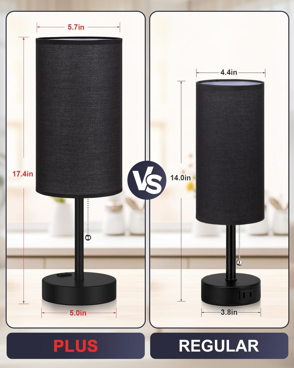 Fenmzee Large Black Bedside Lamps Set of 2-3 Color Temperatures Pull Chain Lamp with AC Outlet Charging Port, Two Round Night Stand Lamps…