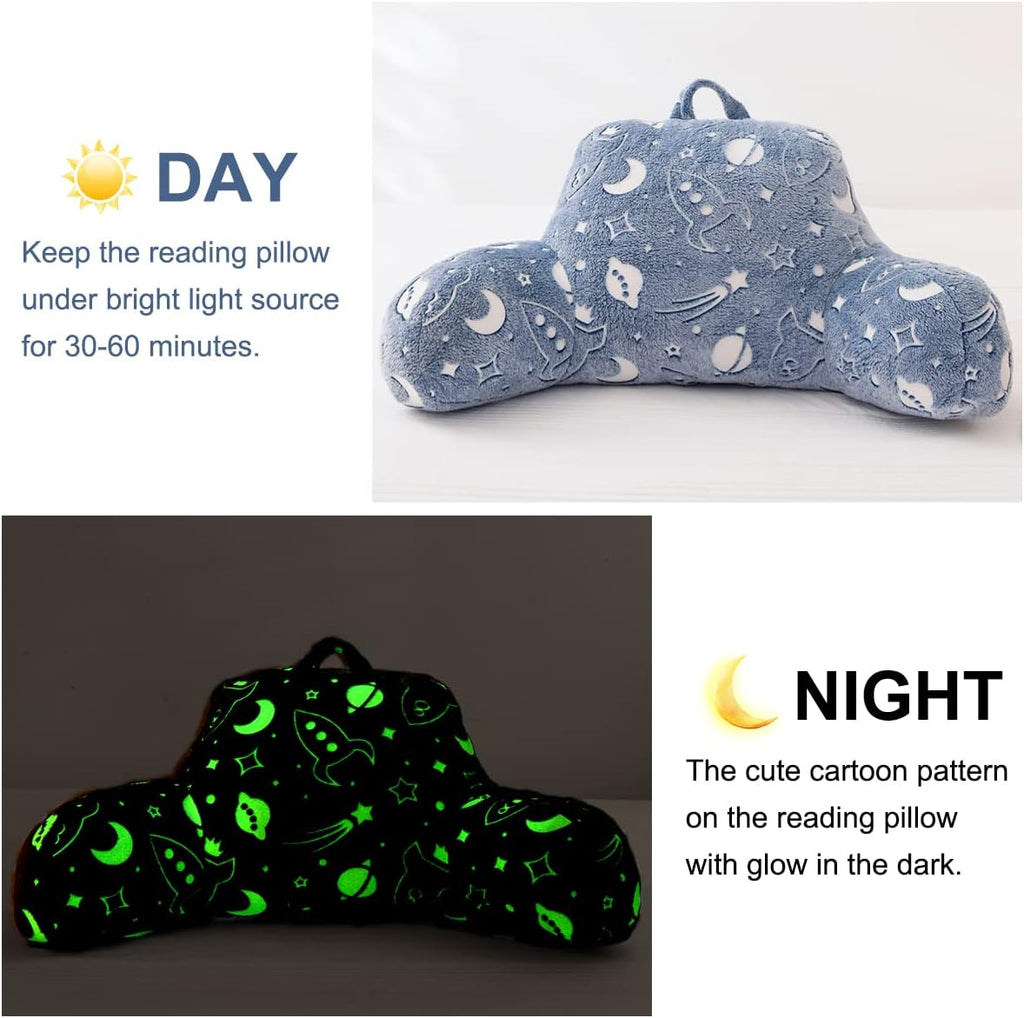 Holawakaka Glow in The Dark Reading Pillow for Sitting up in Bed Sofa Kids Teens, Space Rocket Moon Stars Backrest Pillow with Arms for…