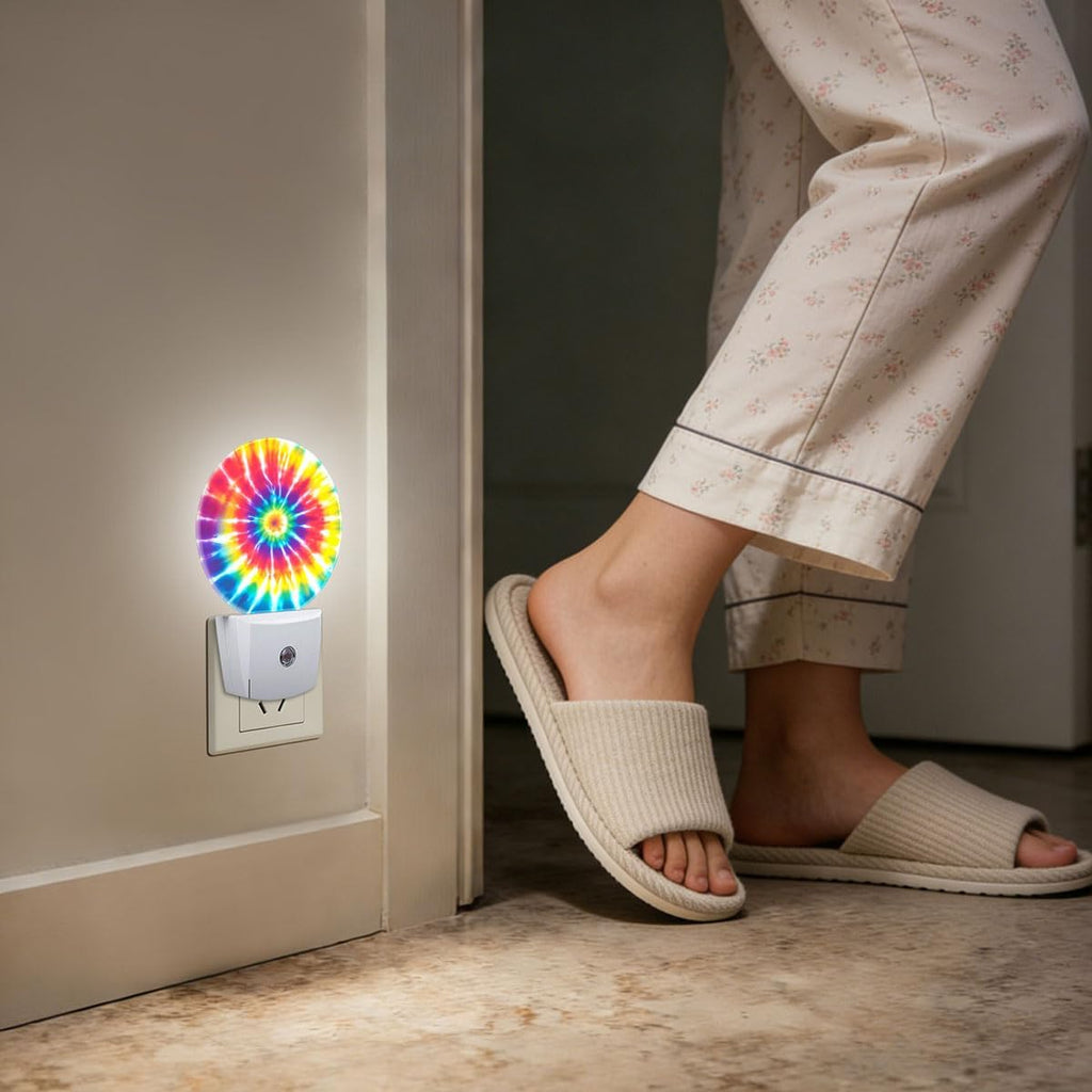 Rainbow Tie Dye Night Light Plug Into Wall Auto Led Sleep Round Lamp for Living Room Hallway Stairs
