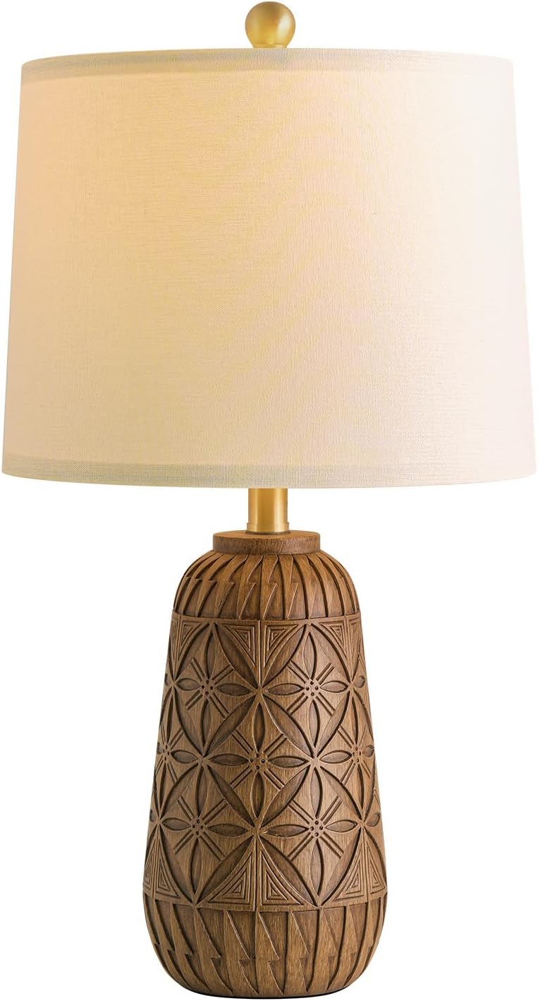 BOBOMOMO 24" Modern Farmhouse Table Lamp, Geometric Hand-Carved Resin Bedside Lamp with Wood Grain Finish, Rustic Nightstand Lamp for…
