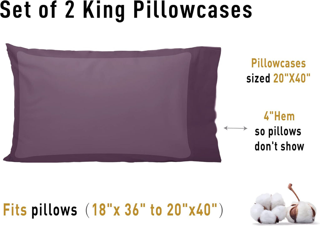 Sunflower King Pillowcases Set of 2, 100% Cotton King Size Pillow Cases 2, 20×40 inches Dark Purple, Soft and Breathable
