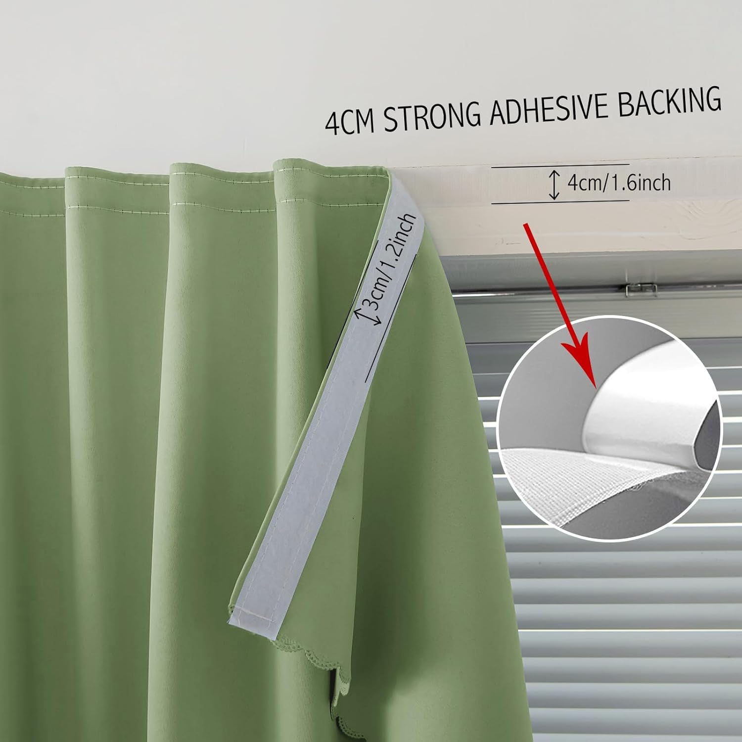 Magic Tape Blackout Curtains for Bedroom No Drillng Self Adhesive Curtains No Rod Small Window, 35" W X 79" L, Sage Green, 1 Panel