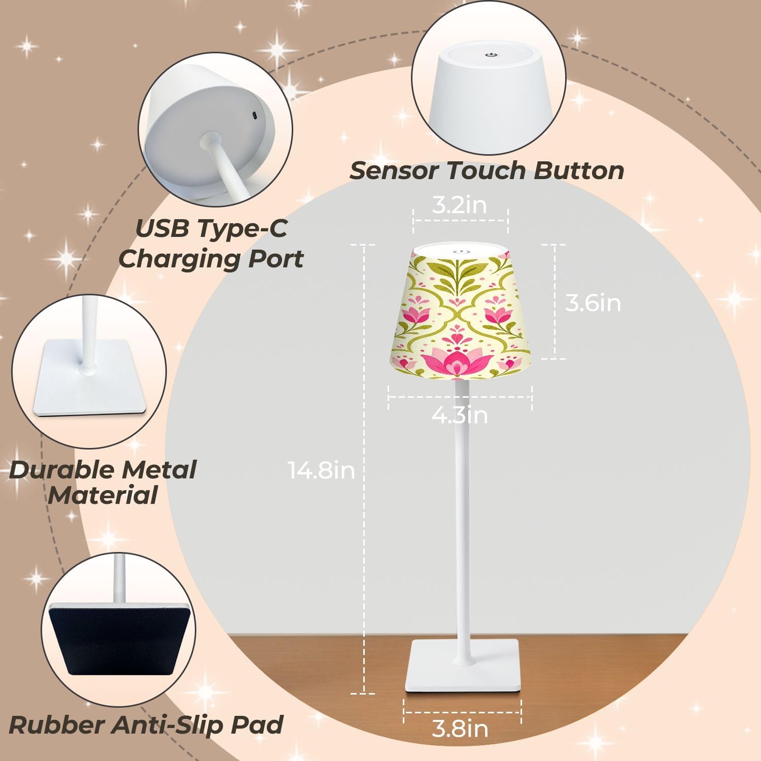 Cordless Mahjong Lamp Pink Floral Tulip Stylized Blossoms Green Leaves Cream Small LED Lamp 3 Color Dimmable Rechargeable Lamps for Mah…
