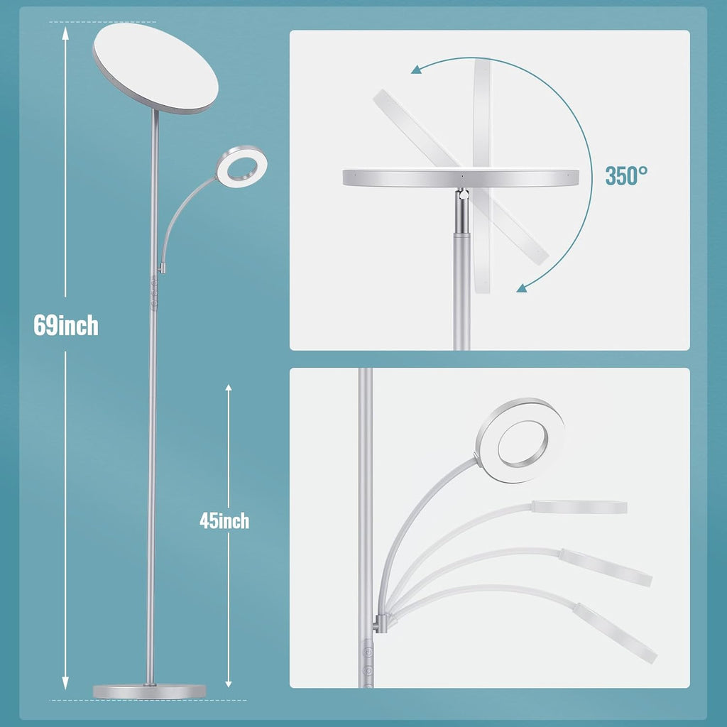 Marctronic Silver Gray Floor Lamp, 42W 4000LM Super Bright LED Lamp with Reading Light for Living Room Bedroom Office, Dimmable Standing La…