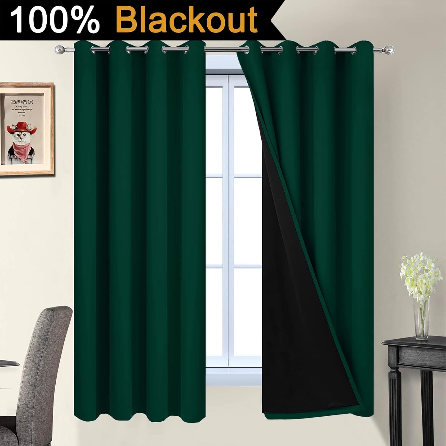 Yakamok 63 Inch Length Full Blackout Curtains for Bedroom, 2 Thick Layers Grommet Top Thermal Insulated Soundproof Drapes with Black Liner…