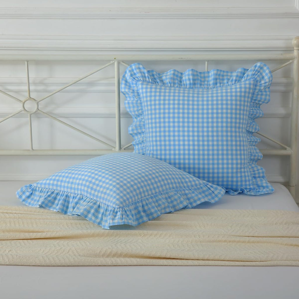 Mywinlle 2 Pack Vintage Sky Blue Plaid Ruffle Throw Pillow Covers, Washed Cotton Checkered Gingham Pillow Covers 20"x20" for Sofa, Couch, Bed…