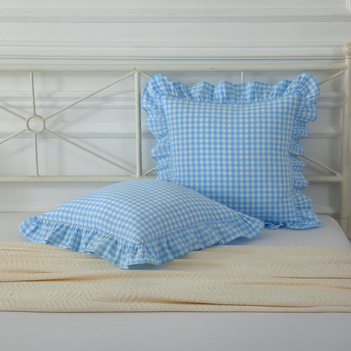 Mywinlle 2 Pack Vintage Sky Blue Plaid Ruffle Throw Pillow Covers, Washed Cotton Checkered Gingham Pillow Covers 20"x20" for Sofa, Couch, Bed…