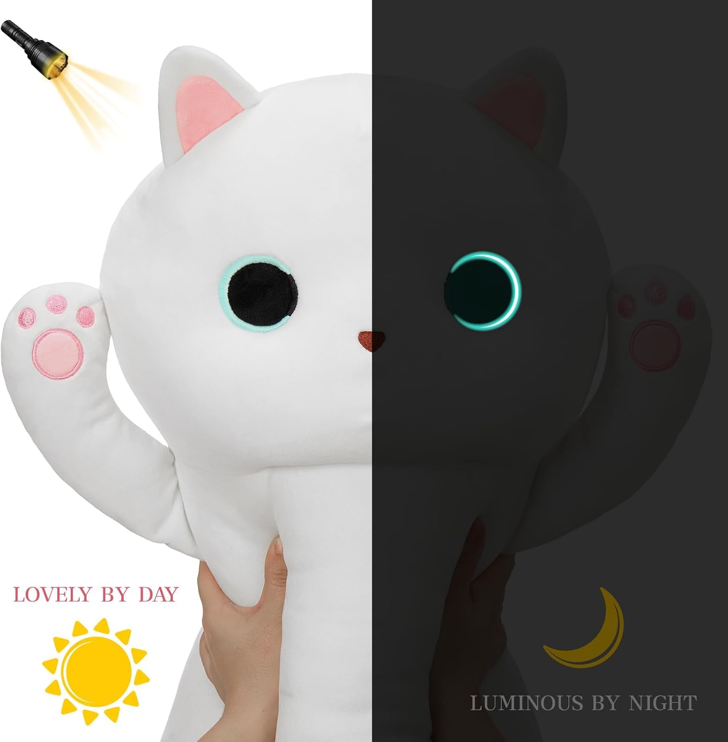 MaoGoLan Long Cat Plush Body Pillow, 44'' Giant White Glow in The Dark Cat Stuffed Animal Toy for Girl Boy Kid, Big Cute Kitty Plush…