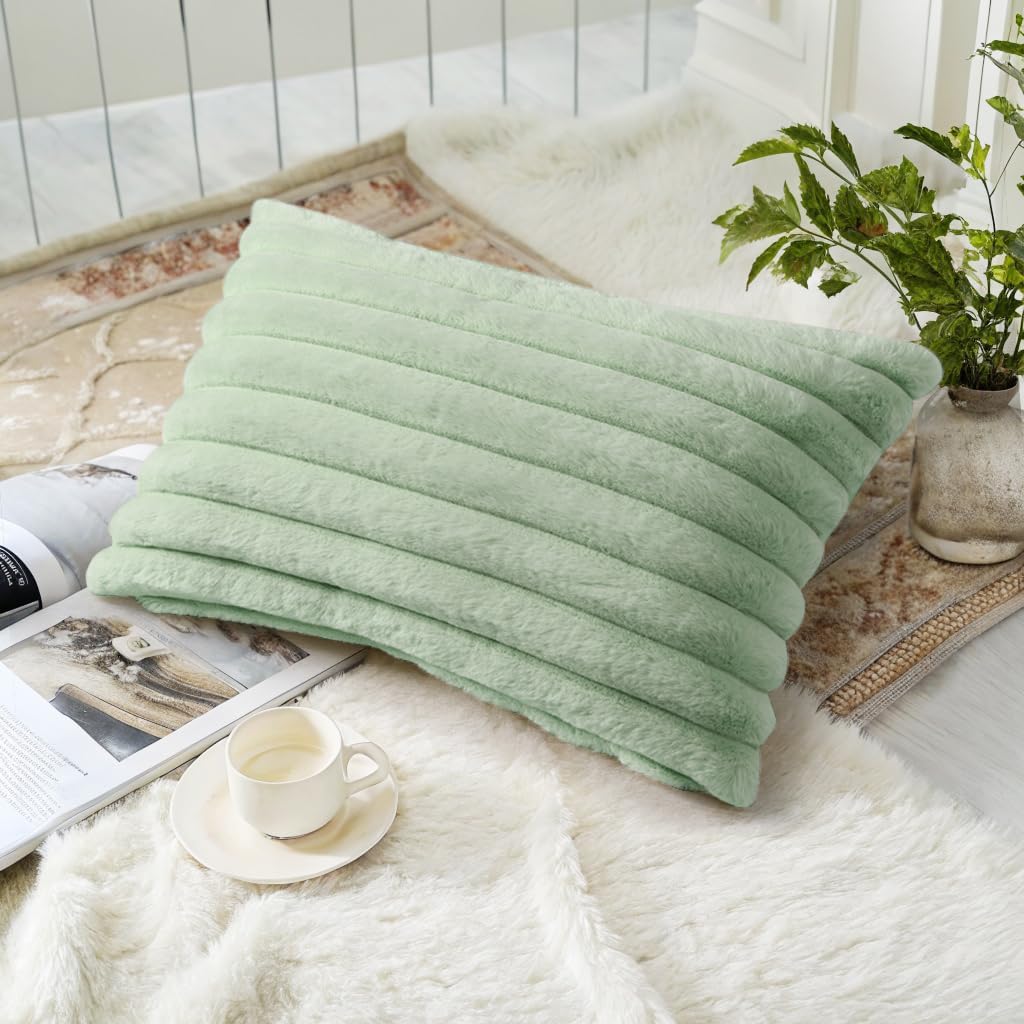 decorUhome Summer Cozy Faux Fur Throw Pillow Covers 12x20 Set of 2 Decorative Soft Plush Striped Lumbar Modern Farmhouse Boho Couch Pillow…