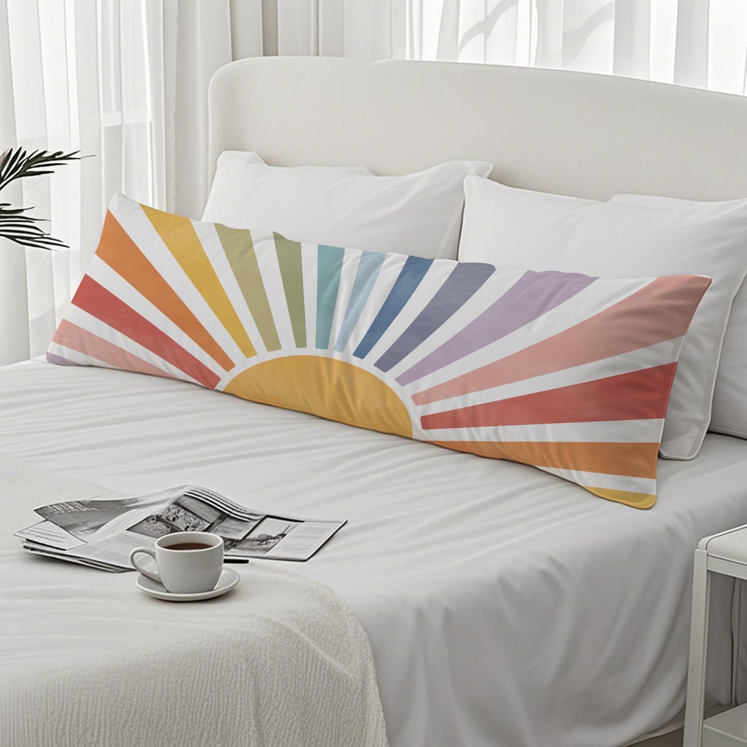 Boho Colorful Sun Sunshine 20x54 Body Pillow Cover, Boho Room Decor, Mid Century Modern Horizontal Sun Sunset Sunrise Decorative Long…