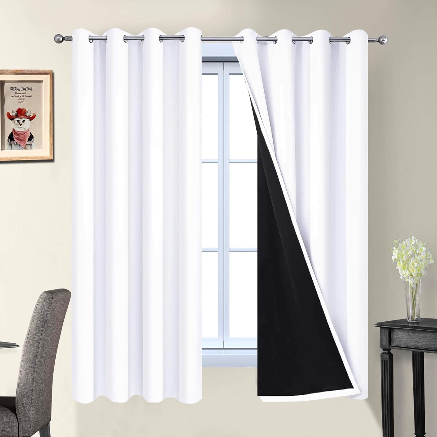 Yakamok White 100% Blackout Curtains, 2 Thick Layers Full Light Blocking Thermal Insulated Drapes with Black Liner for Bedroom(52Wx63L, Pur…
