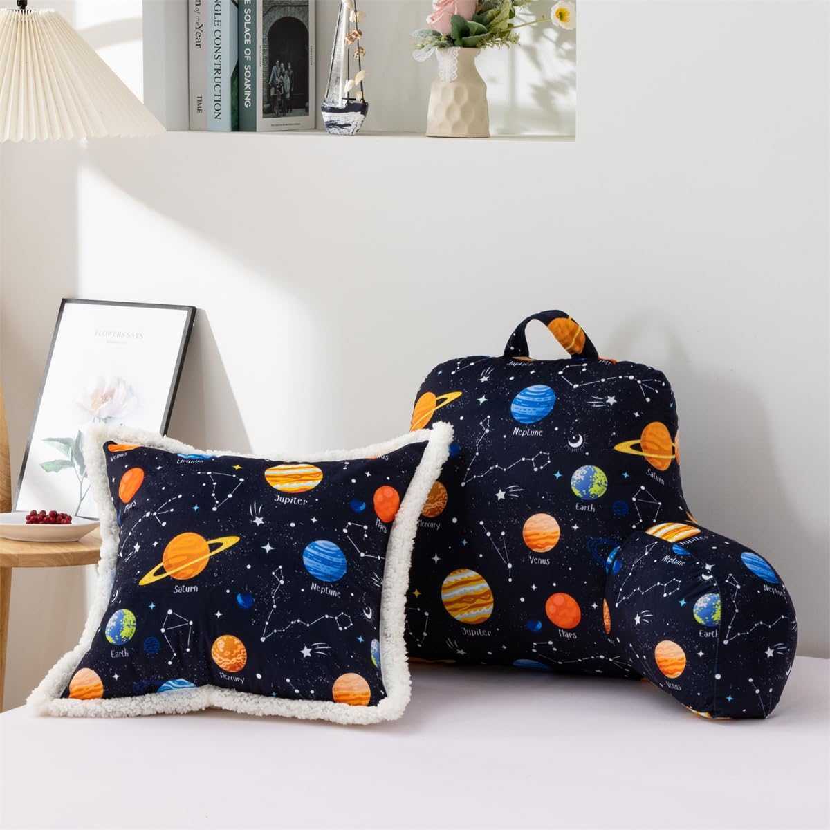 Ntbed Galaxy Planet Printed Reading Pillow Bed Wedge Backrest with Arms, Couch TV Relax Bed Rest Pillow Back Support Cushion for Kids Teens…
