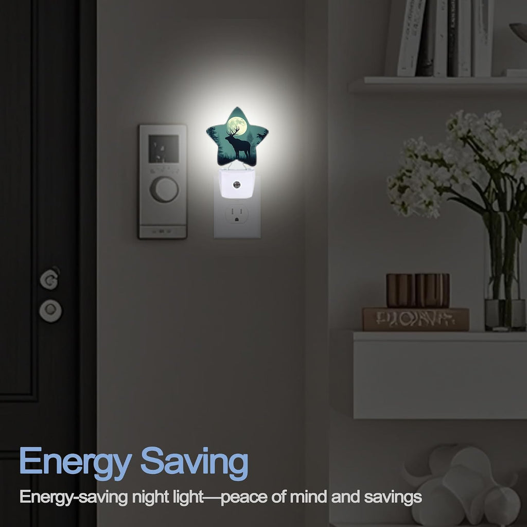 Snowmolle Night Light, Forest Deer Plug into Wall with Dusk to Dawn Light Sensors, Moon Misty Mountains Warm Star Nightlights for Bedroom, Bat…