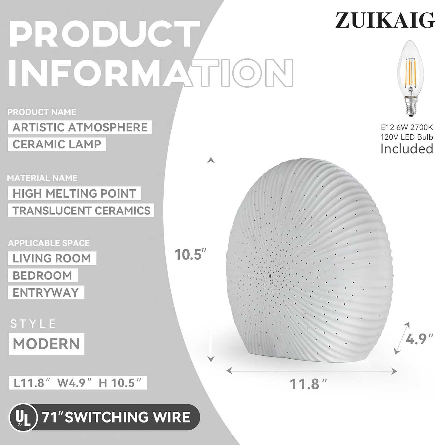 ZUIKAIG 10.5"Modern Ceramic Table Lamp, White bedside table lamp, night Lamp, Decorative Lamp, Ambient lighting, Artistic lamp, Suitable…