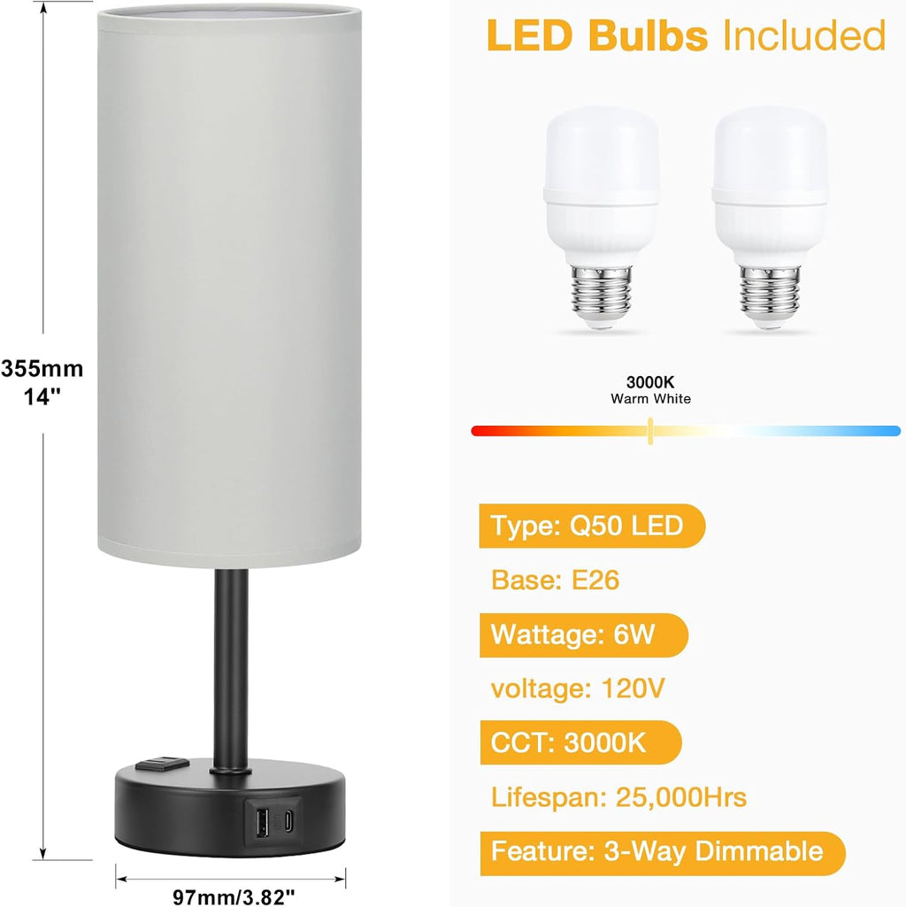PartageiZ Grey Touch Table Lamps Set of 2-3 Way Dimmable Bedroom Lamps for Bedside with USB C and A Ports, Small Nightstand Lamps with AC…