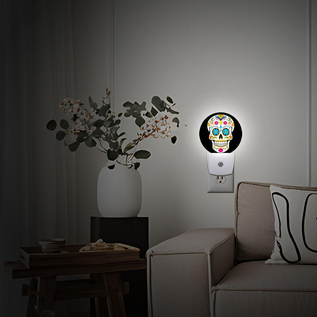 Skull Skeleton Head Halloween Dia De Los Muertos Night Light Plug Into Wall Auto Led Sleep Round Lamp for Living Room Hallway Stairs