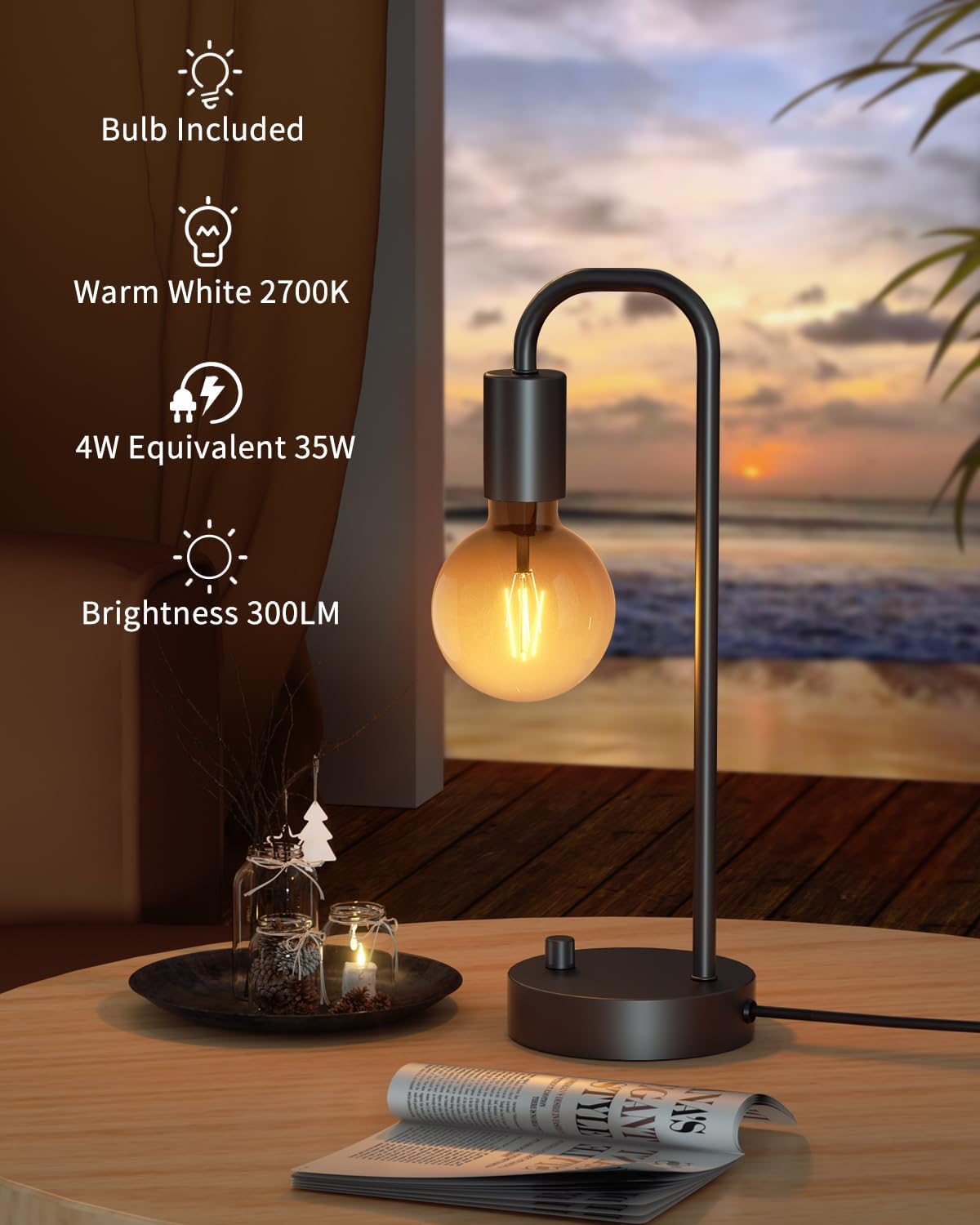ONEWISH Industrial Table Lamp Set of 2, Fully Dimmable Beside Lamp with Gradient Black Art LED Bulb, Modern Nightstand Desk Lamps for…