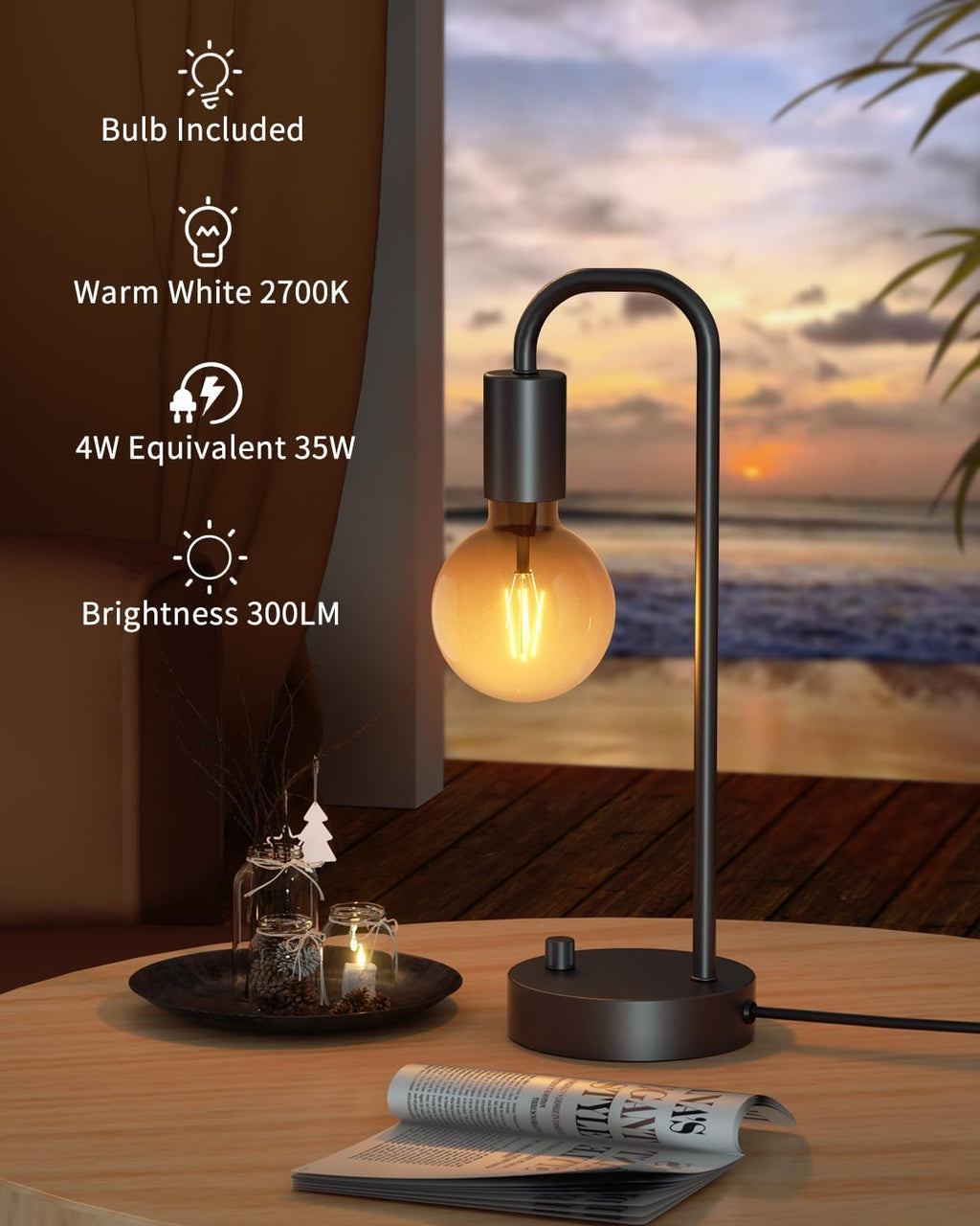 ONEWISH Industrial Table Lamp for Bedroom, Fully Dimmable Modern Bedside Lamps with 2700K Warm Light Bulb for Kids Reading, Minimalist…