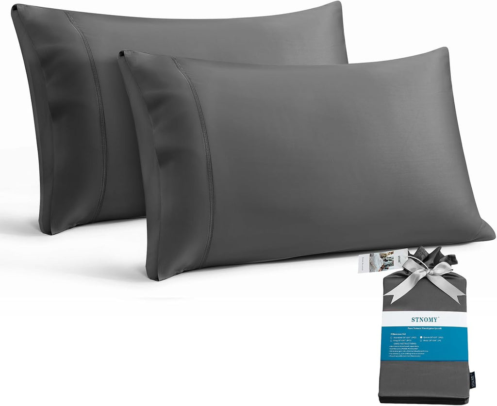Stnomyhome Eucalyptus Tencel Cooling Pillowcase 2 Pack King Dark Gray | Moisture Wicking for Night Sweats | 3X Faster Drying | Oeko-TEX Cer…