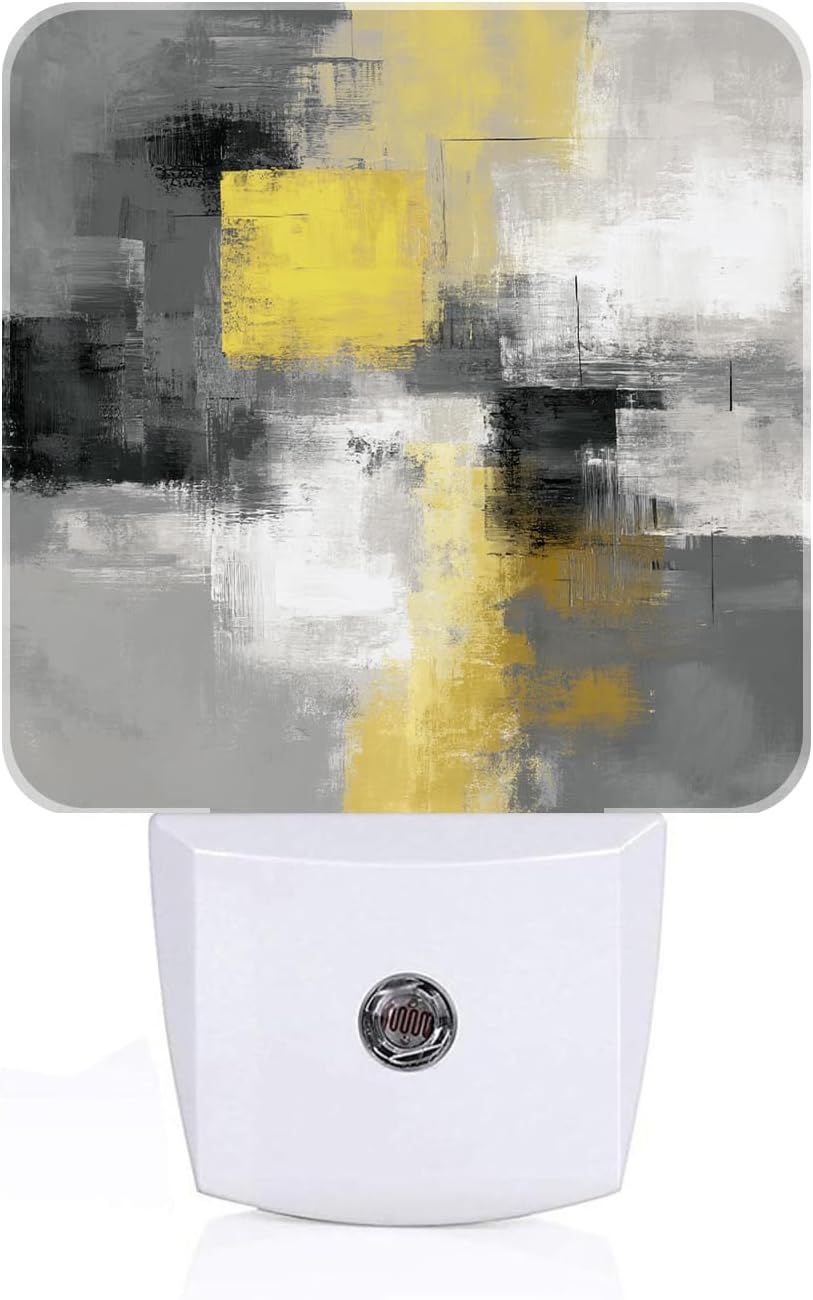 Abstract Oil Painting Night Light, Grey and Yellow Plug Into Wall with Dusk to Dawn Light Sensors, Warm Nightlights for…