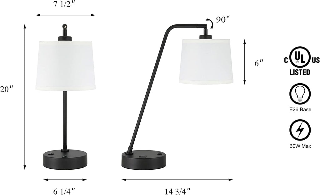 XiNBEi Lighting Black Desk Lamp, Nightstand Lights with USB Port Industrial Adjustable Shaded Table Lamps for Living Room Bedroom Reading…