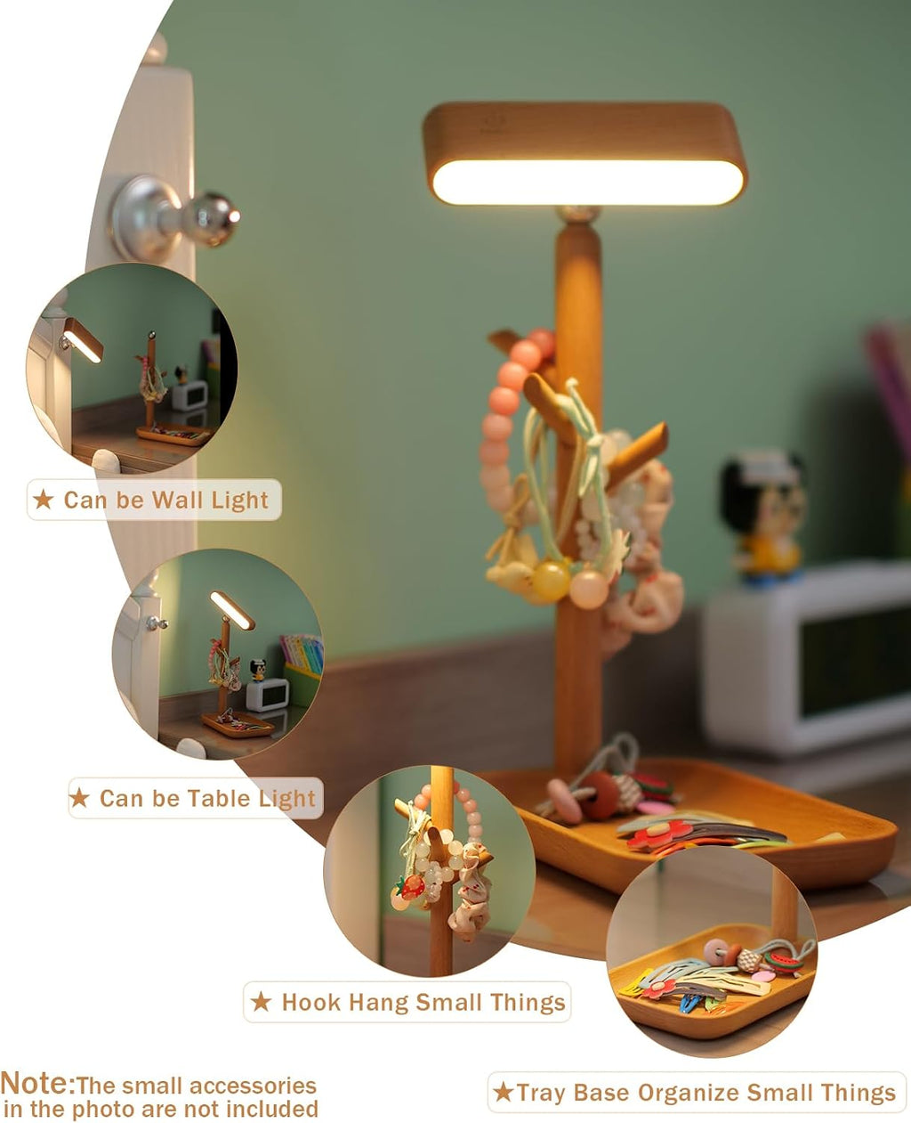 Wooden Table Lamp, Tree Trunk Rechargeable LED Desk Lamp with Organizer and Magnetic 360° Rotating Night Light for Bedside, Dorm Room or…
