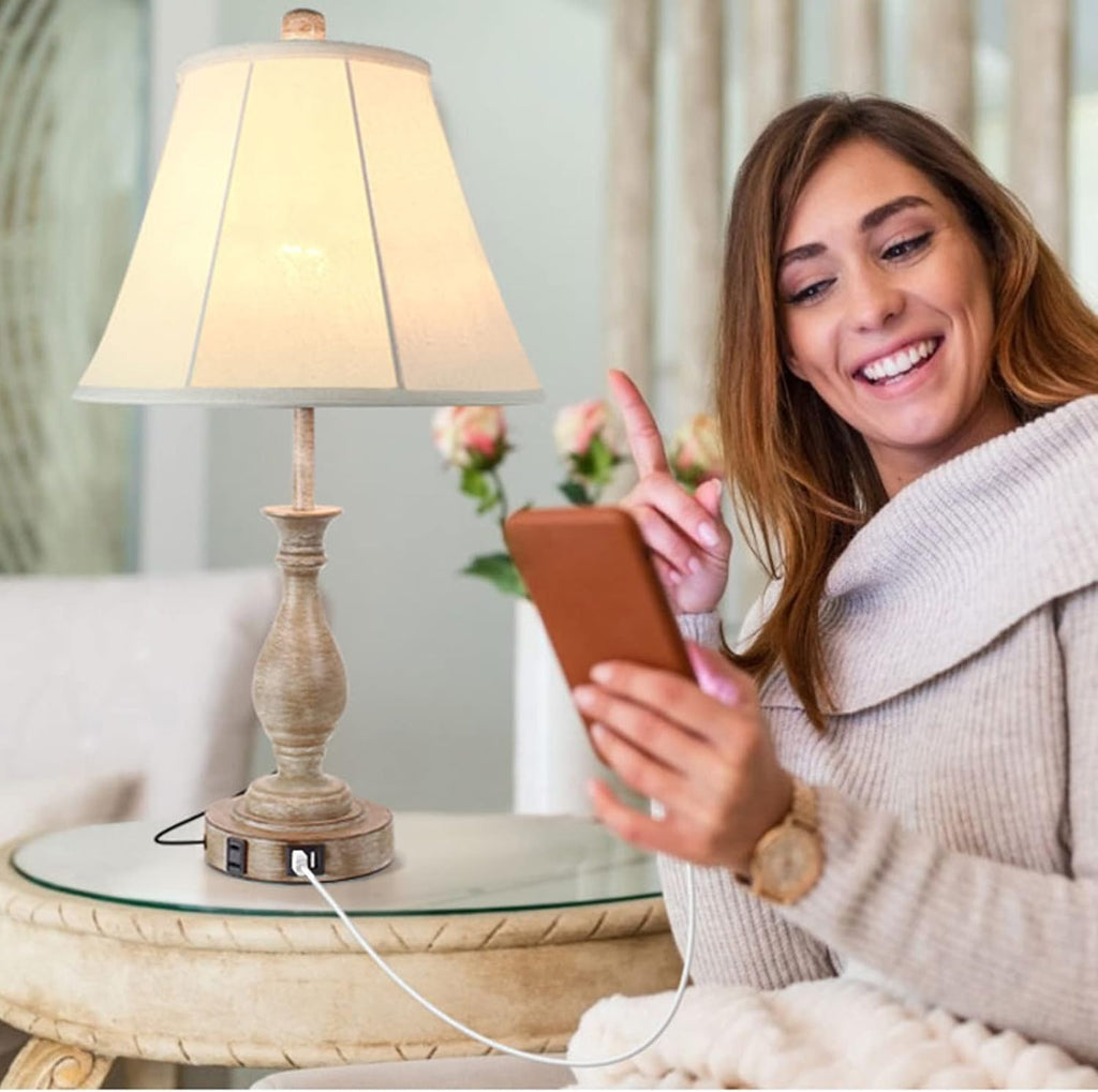 Lalisu Farmhouse Table Lamp Touch Control 3-Way Dimmable Table Lamp, Modern Nightstand Lamp with 2 USB Port Bedside Desk Lamp with Fabric S…