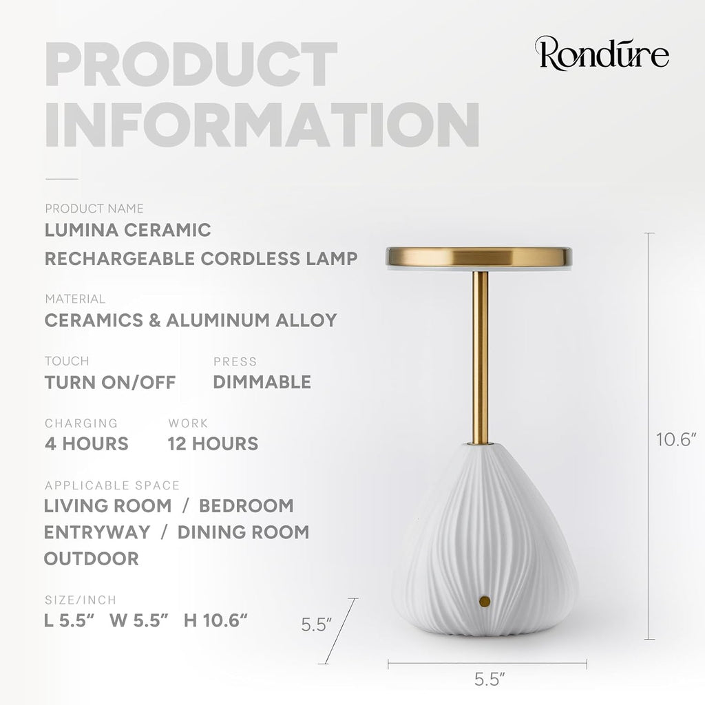 RONDURE 10.6" Ceramic Cordless Table Lamp, Portable Rechargeable Table lamp, Touch Dimmable Warm Ambient Lighting for Living Room…