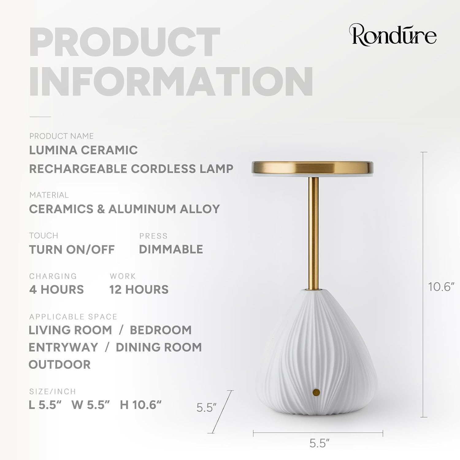 RONDURE 10.6" Ceramic Cordless Table Lamp, Portable Rechargeable Table lamp, Touch Dimmable Warm Ambient Lighting for Living Room…