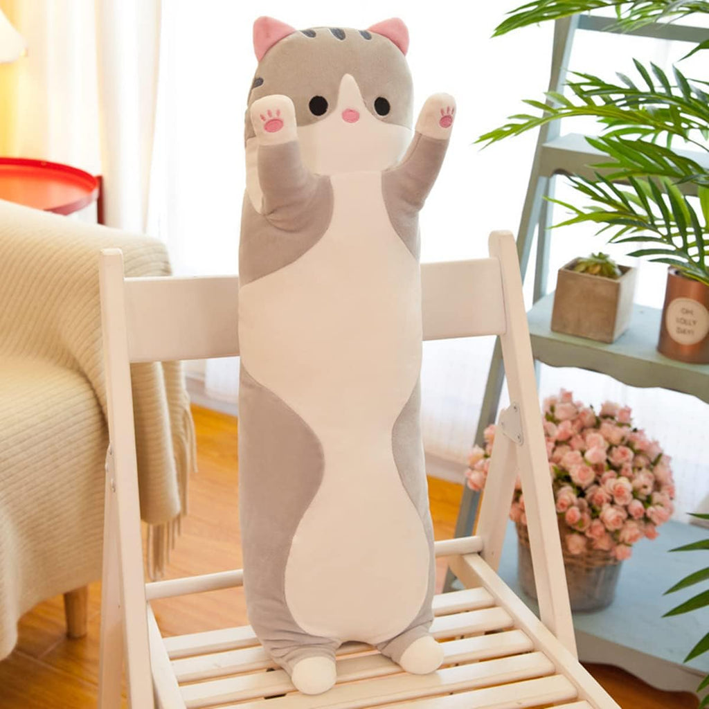 Rexinc Jumbo Plush Pillow - Gray Cat Toy, Soft Long Body Pillow, Cute Cartoon Cat Stuffed Animal, Gift for Girls & Boys