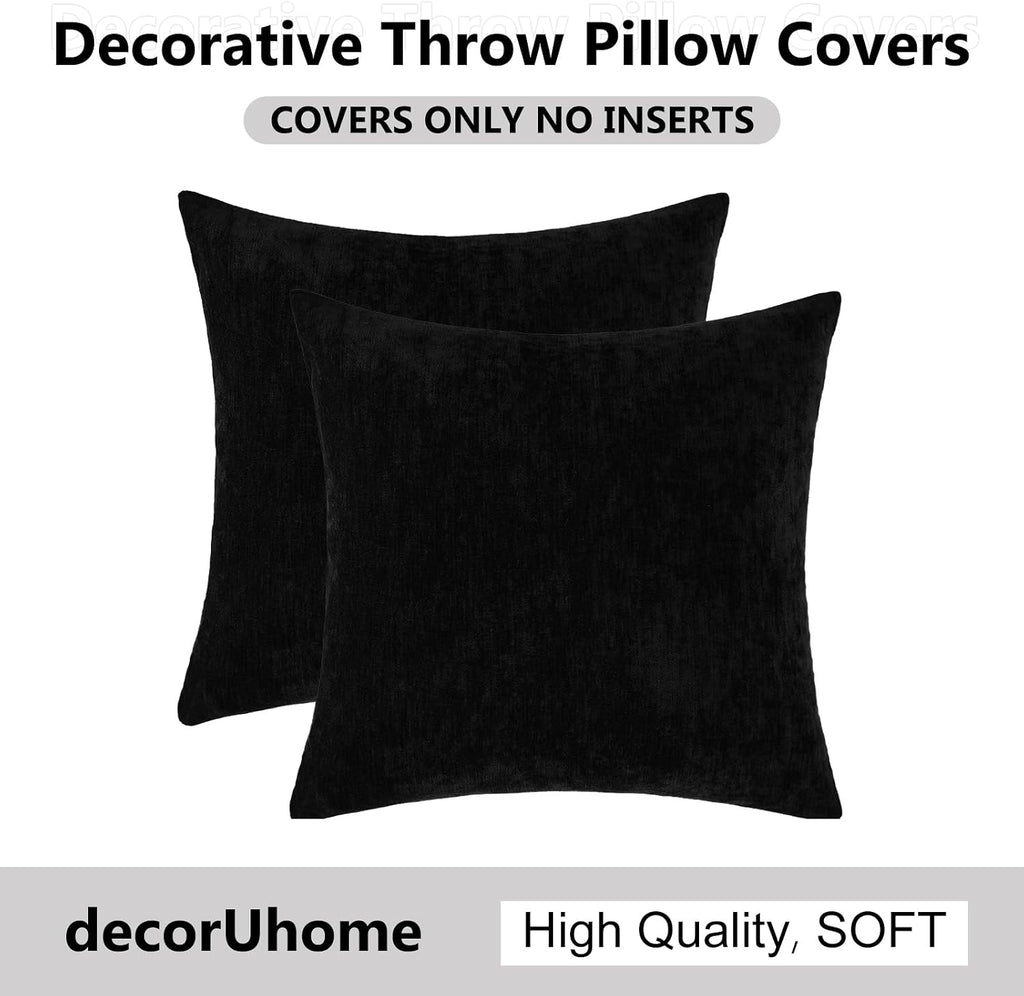 decorUhome Chenille Black Throw Pillow Covers 22x22 Inch Set of 2, Decorative Soft Couch Pillow Covers Solid Dyed Accent Farmhouse Neutral…