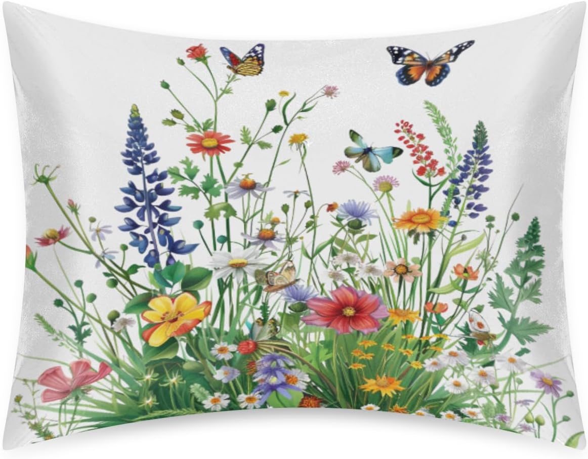 Satin Pillowcase for Hair and Skin Spring Flower Butterfly Soft Silk Pillow Case with Envelope Closure Cooling Pillow Cases Slip Standard…