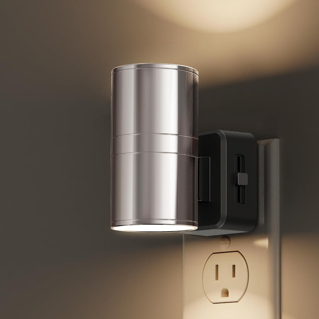 L LOHAS LED Night Light, Night Lights Plug into Wall, 1-Pack, Smooth Silver Glossy Plating Metal-Shade Nightlight, Light Sensor, Soft…