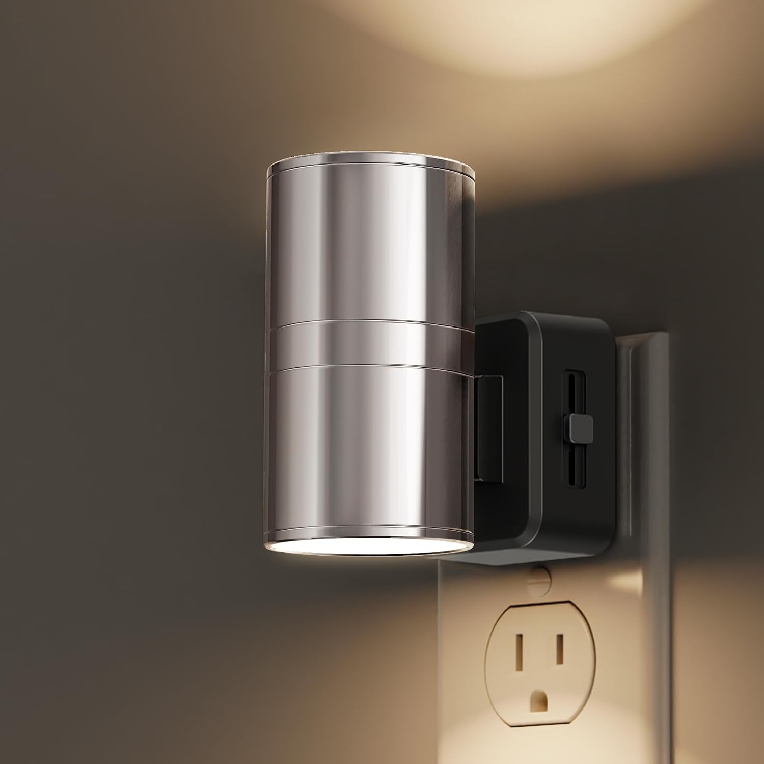 L LOHAS LED Night Light, Night Lights Plug into Wall, 1-Pack, Smooth Silver Glossy Plating Metal-Shade Nightlight, Light Sensor, Soft…