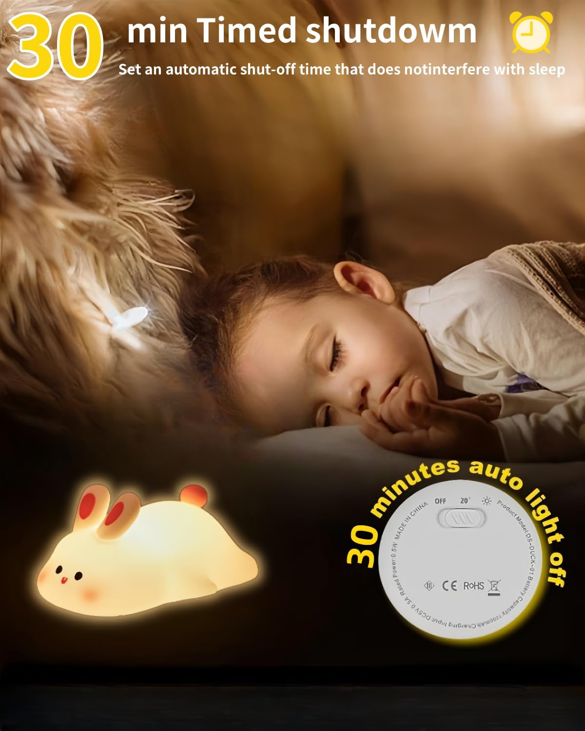 Big Face Rabbit Silicone Night Light, Squishy Bunny Lamp with Touch Control, 30-Min Timer, Rechargeable Kids Night Light for Bedroom…