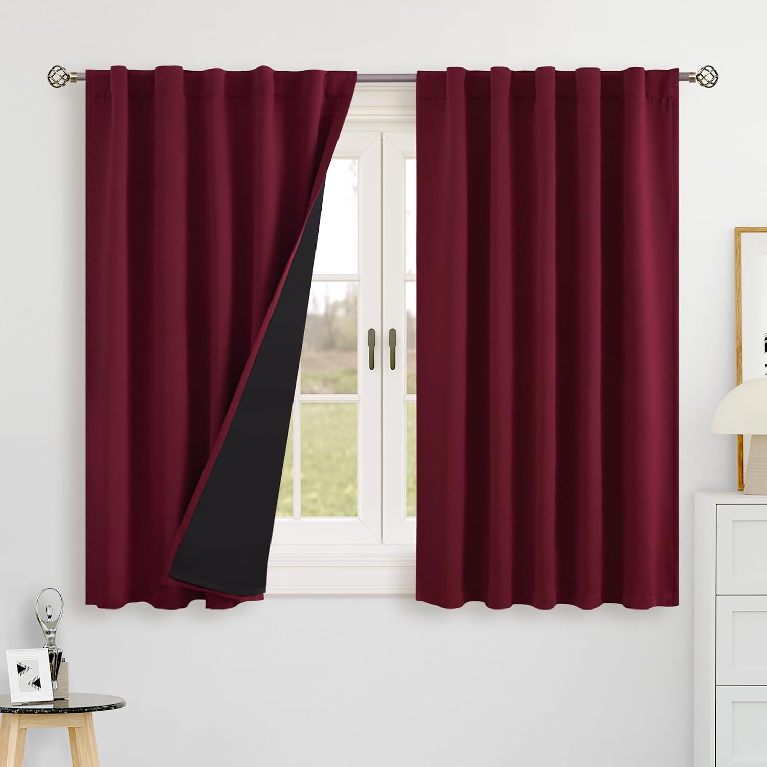 BGment Burgundy Red 100% Blackout 48 Inch Curtains for Small Window, Rod Pocket and Back Tab Double Layer Black Out Thermal Insulated…