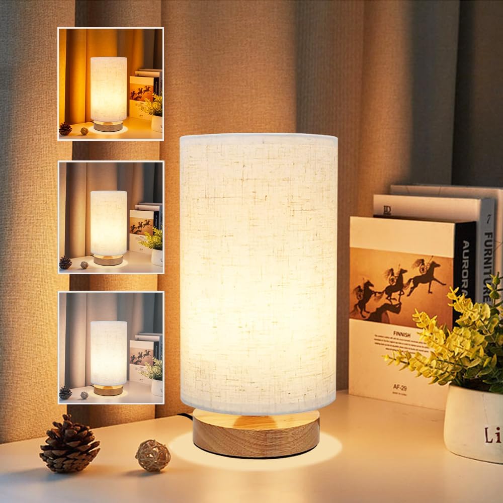 Uchenton 3-Color Adjustable Bedside Table Lamp for Bedroom, Minimalist Wood Base&Round Fabric Shade, Cozy Lighting Nightstand Boho Lamp, Study…