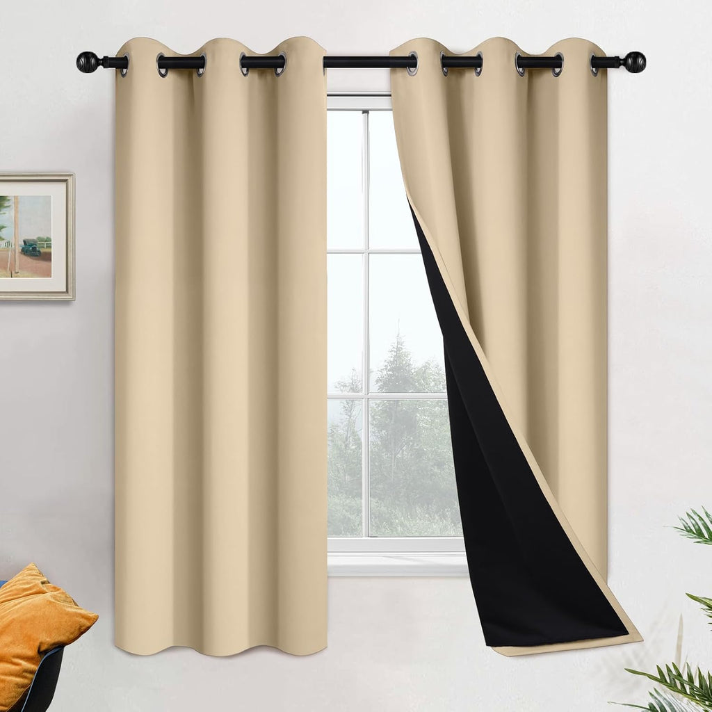 Yakamok Beige 100% Blackout Curtains, Thermal Insulated Total Blackout Drapes for Bedroom, Heat Blocking Window Curtains for Living Room(42…