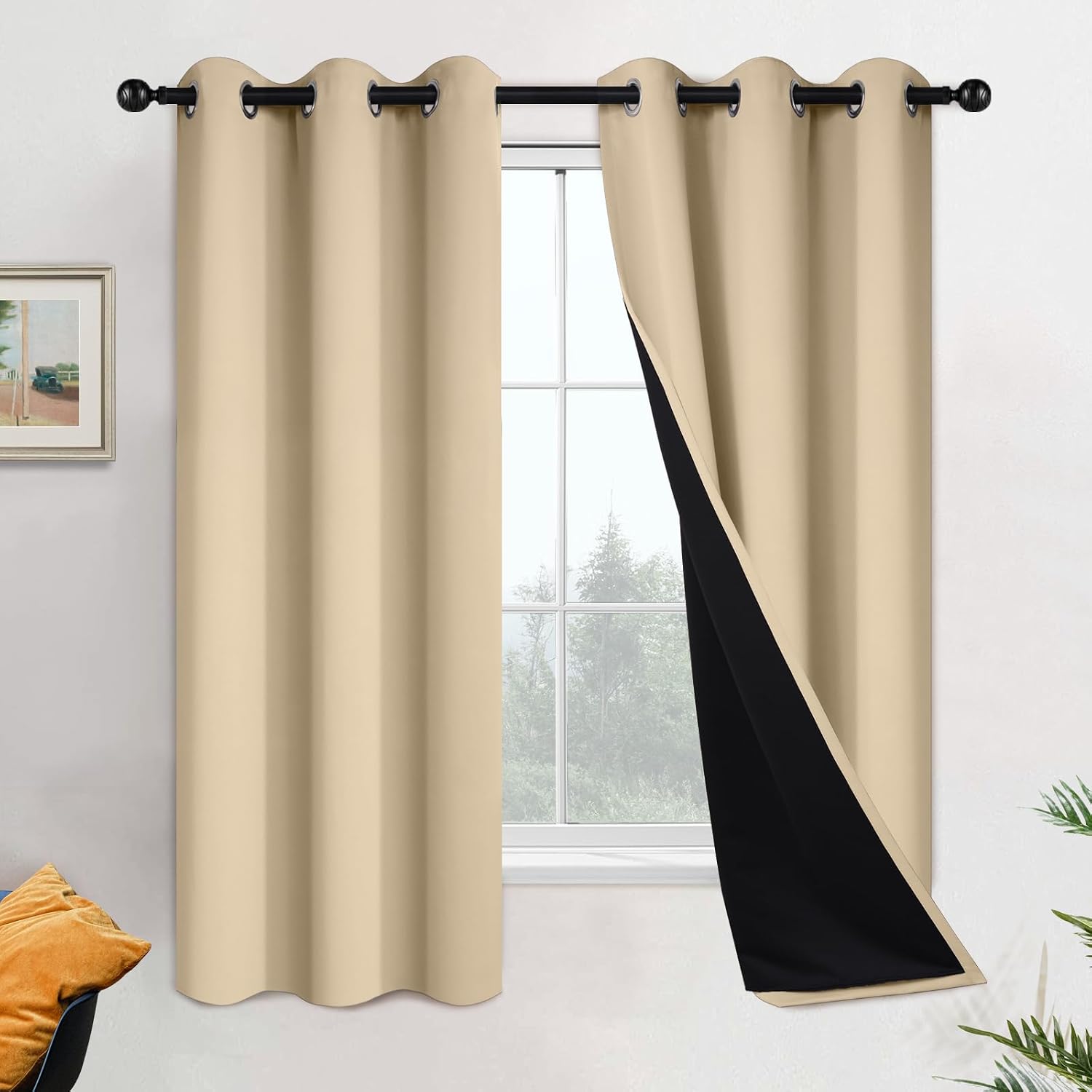 Yakamok Beige 100% Blackout Curtains, Thermal Insulated Total Blackout Drapes for Bedroom, Heat Blocking Window Curtains for Living Room(42…