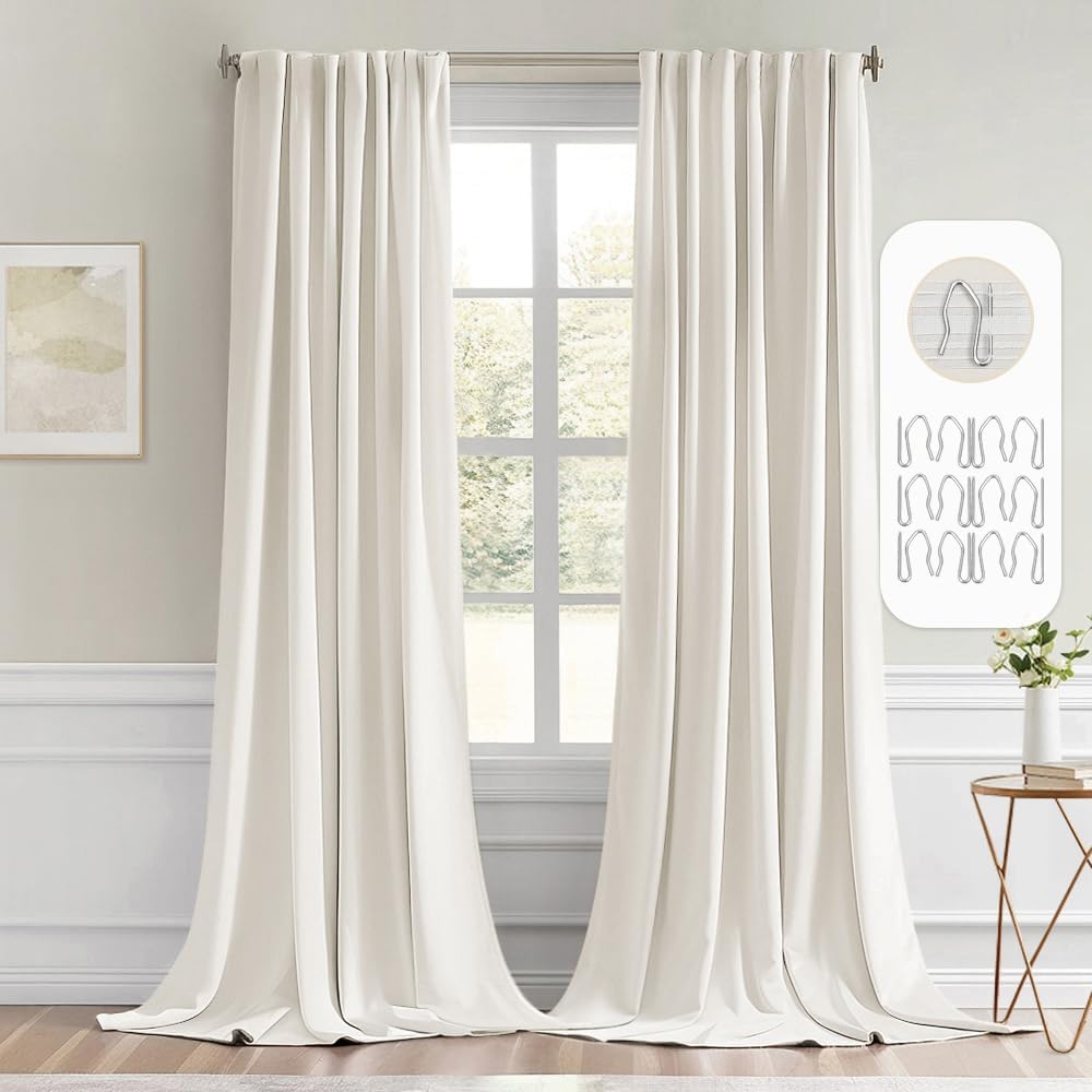 Miulee Ivory Back Tab Blackout Curtain 96 Inch Long 2 Panels Set for Bedroom, Rod Pocket/Pinch Pleat Thermal Insulated Living Room Darkenin…