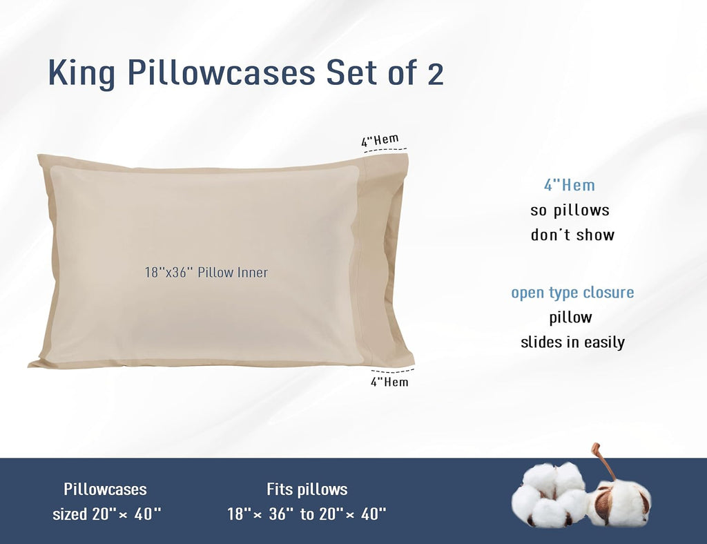Homtec Pillow Cases, King Size Cotton Percale Weave Pillowcases, Pre-Shrunk Breathable and Hypoallergenic Pillowcases, Set of 2 (2 Piece Ki…