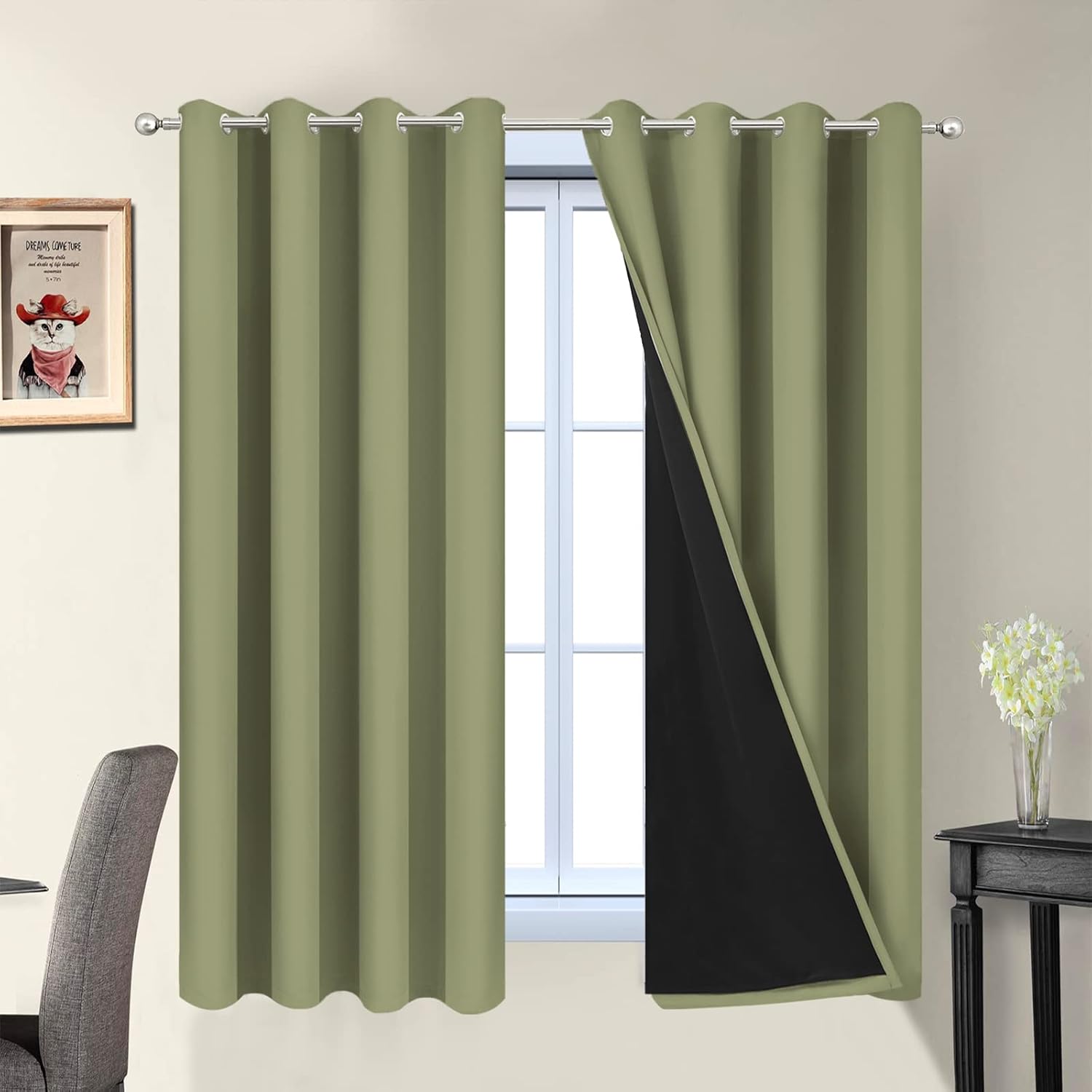 Yakamok 100% Blackout Window Curtain Panels, Heat and Full Light Blocking Drapes with Black Liner for Nursery, Thermal Insulated Draperies (…