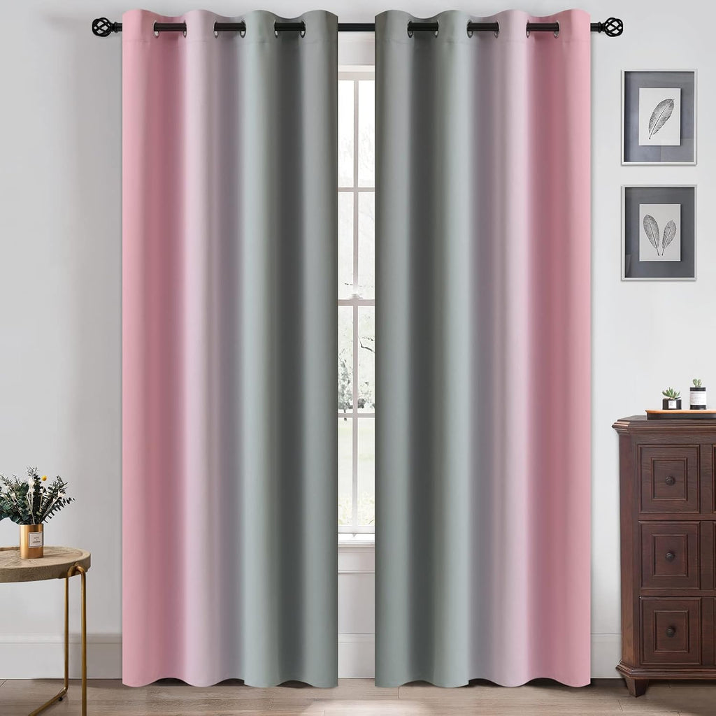Yakamok Ombre Pink and Grey Curtains for Bedroom, Gradient Room Darkening Curtains, Grommet Thermal Insulated Light Blocking Window Drapes/…